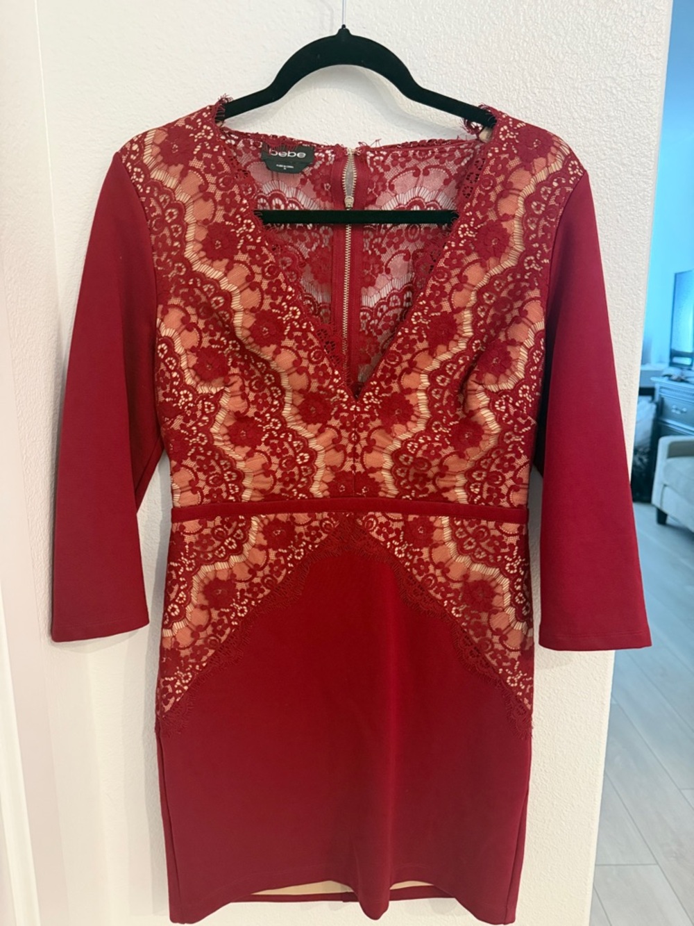 bebe Deep Red Lace V-Neck Long Sleeve Sheath Dress